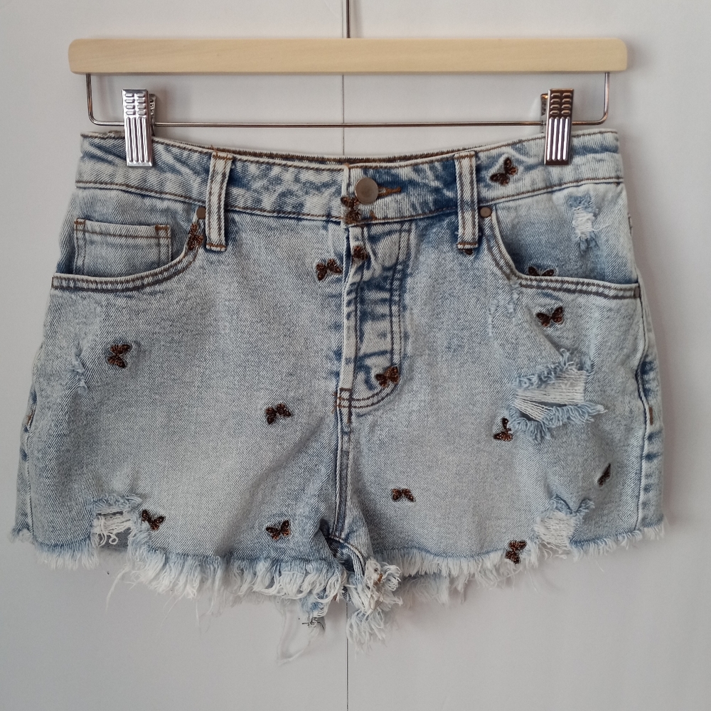 Tinseltown Butterfly Embroidered Distressed High Rise Denim Shorts